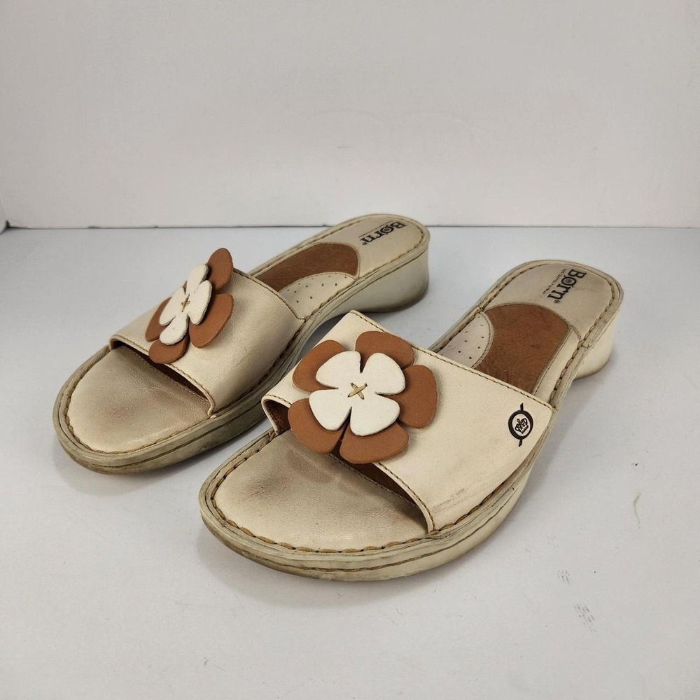 Born Women's Size 8 Leather Flower Slide Sandals Comfort Slip On Cream Brown